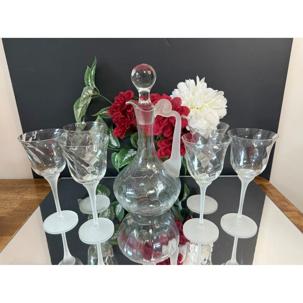Vintage Romanian Crystal‎ Decanter Wine Glass Set Clear Industries Frosted Stem